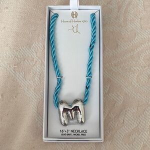 House of Harlow 1960 , Silver Plated Pendant Necklace “M” with Blue Cord NWT